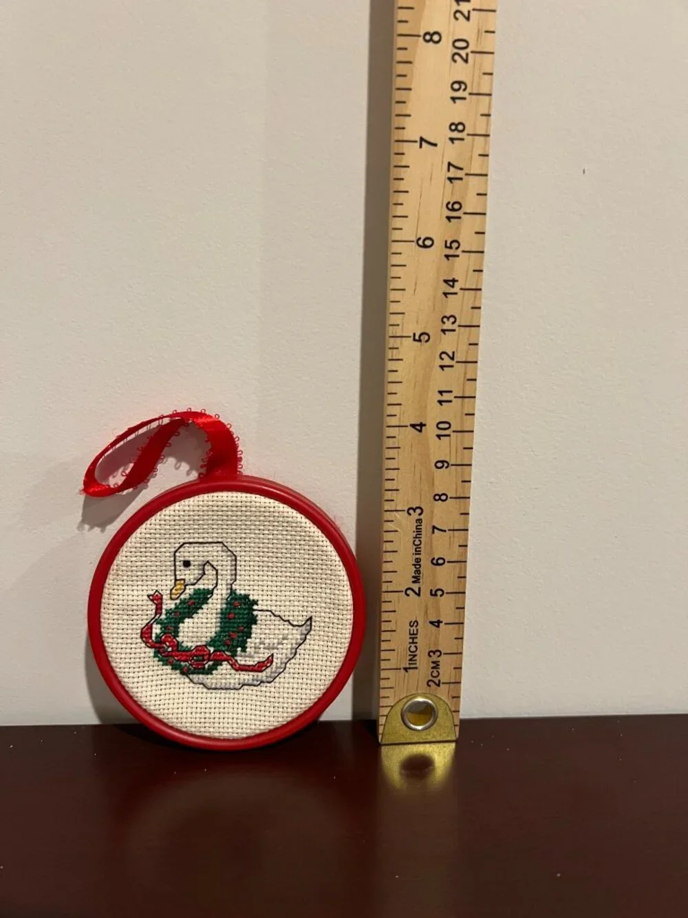 Handmade Cross Stitch Christmas Goose Ornament Red Hoop Holiday Decor